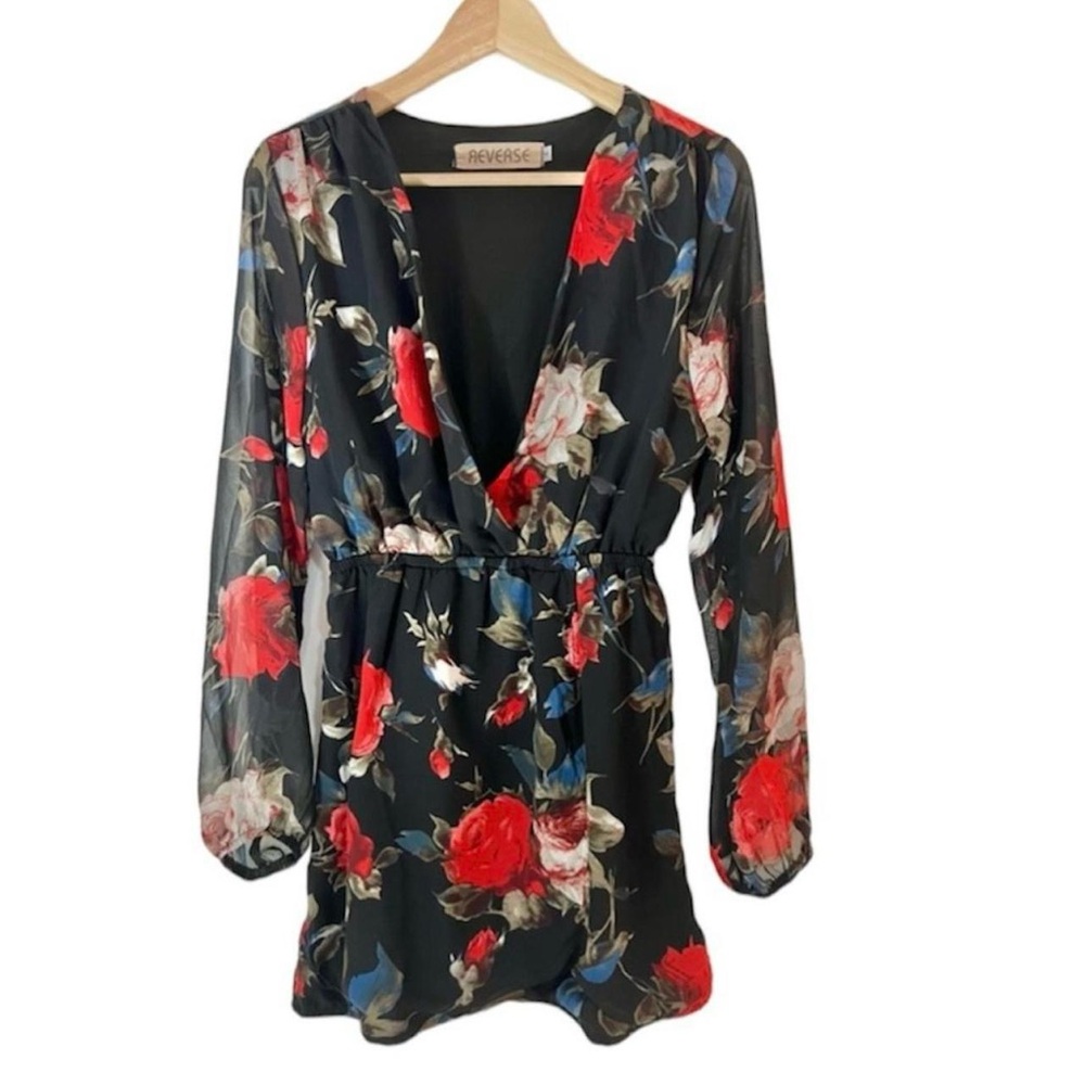 Reverse Brand Floral Faux Wrap Mini Dress Black And Red Size Small